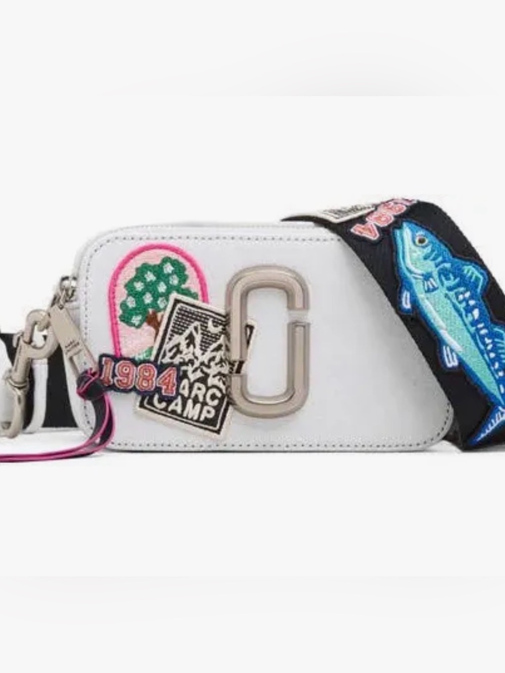 Marc Jacobs White Patchwork Snapshot Camera Crossbody Bag with Black Strap